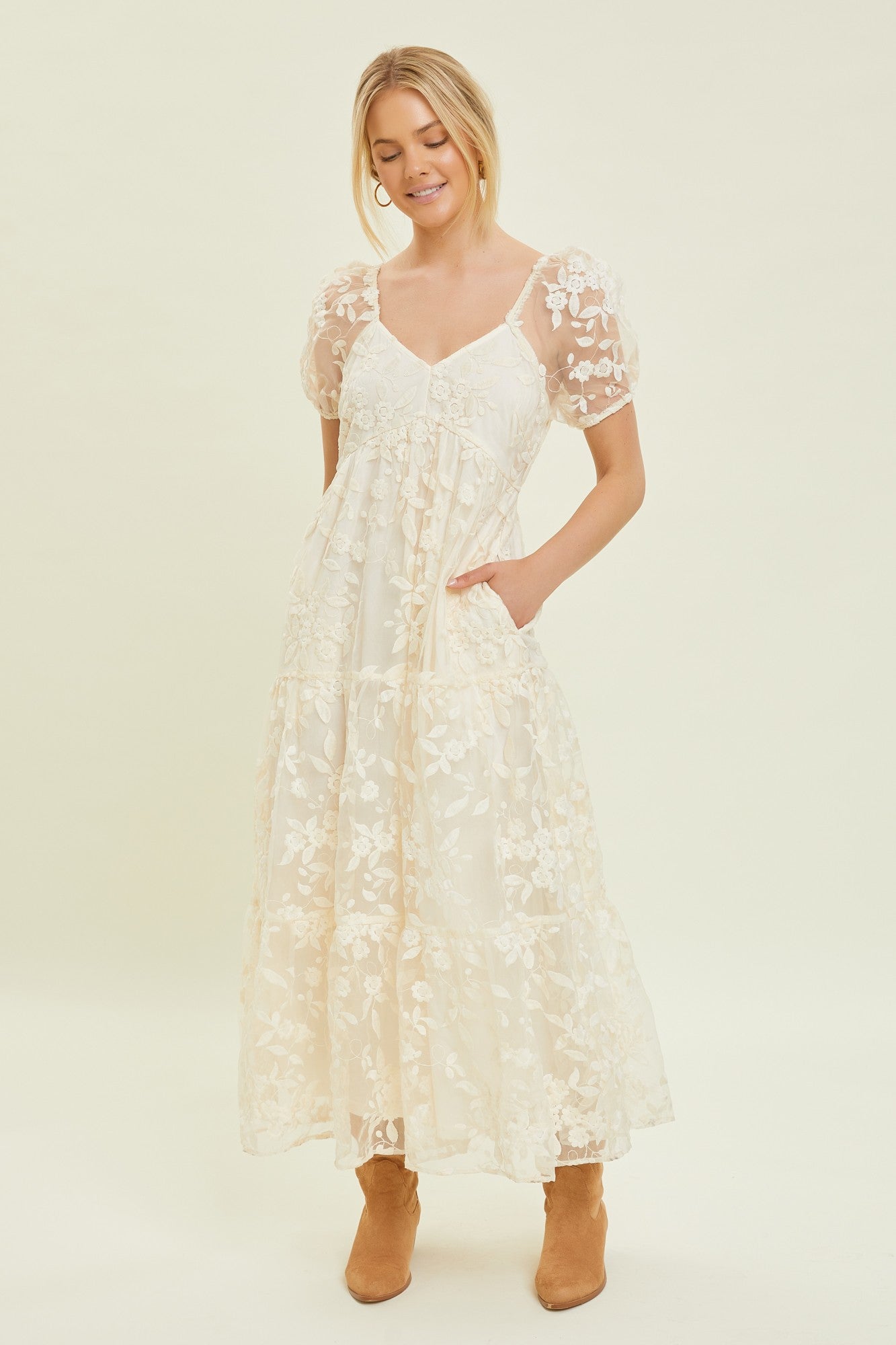 Ada Embroidered Lace Maxi Dress, Cream