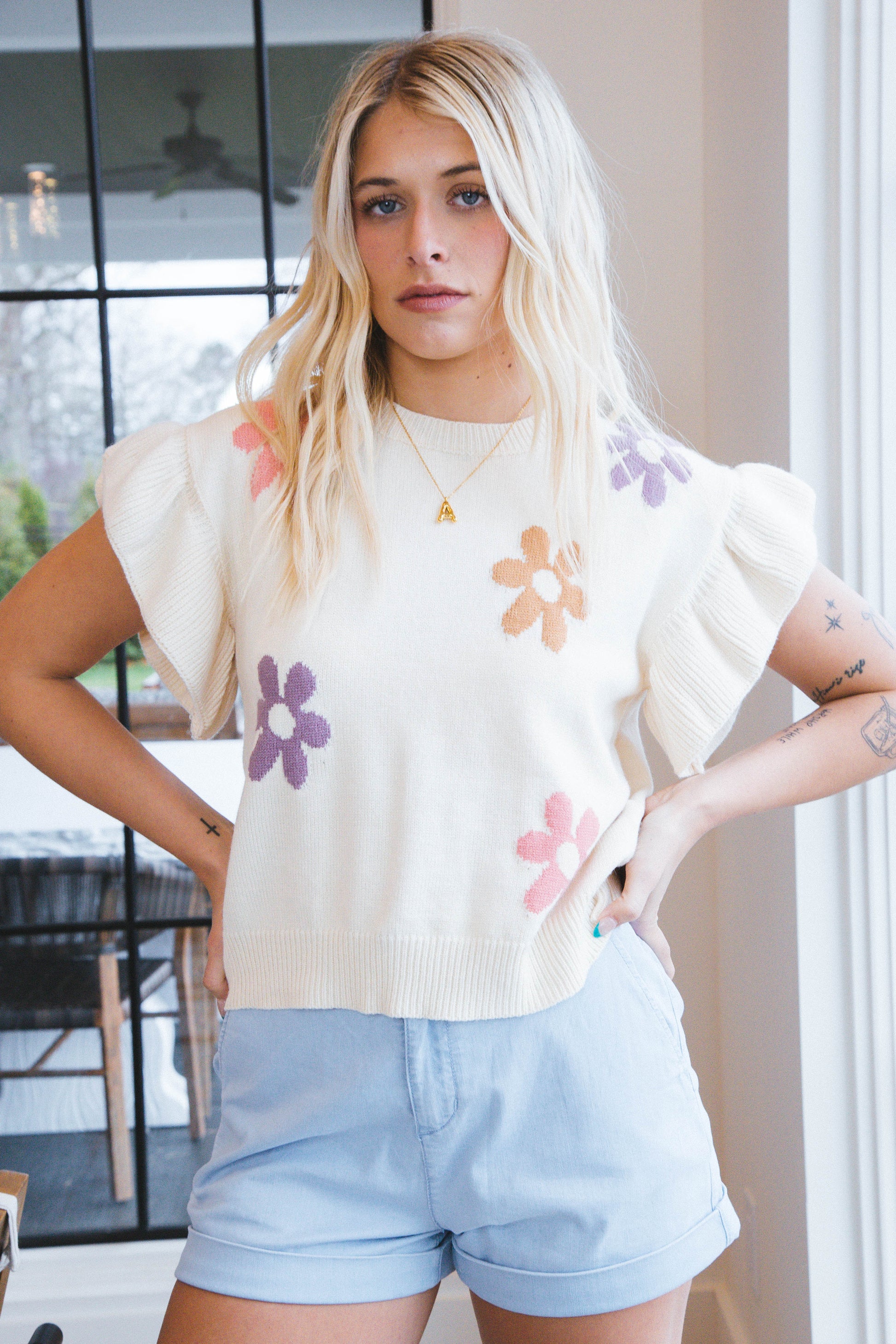 Anastasia Ruffle Sleeve Knit Top, Cream Multi